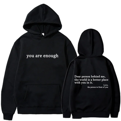 Black pullover retro hoodie with white text front and back featuring a cozy hooded design for hip hop unisex wear