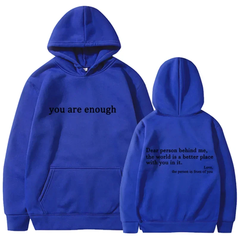 Royal blue pullover retro hoodie with black printed text on front and back perfect for hip hop unisex streetwear