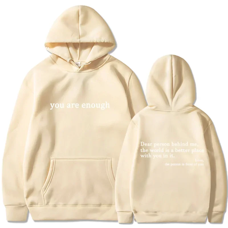 Cream-colored pullover retro hoodie with white text front and back hip hop unisex street style design