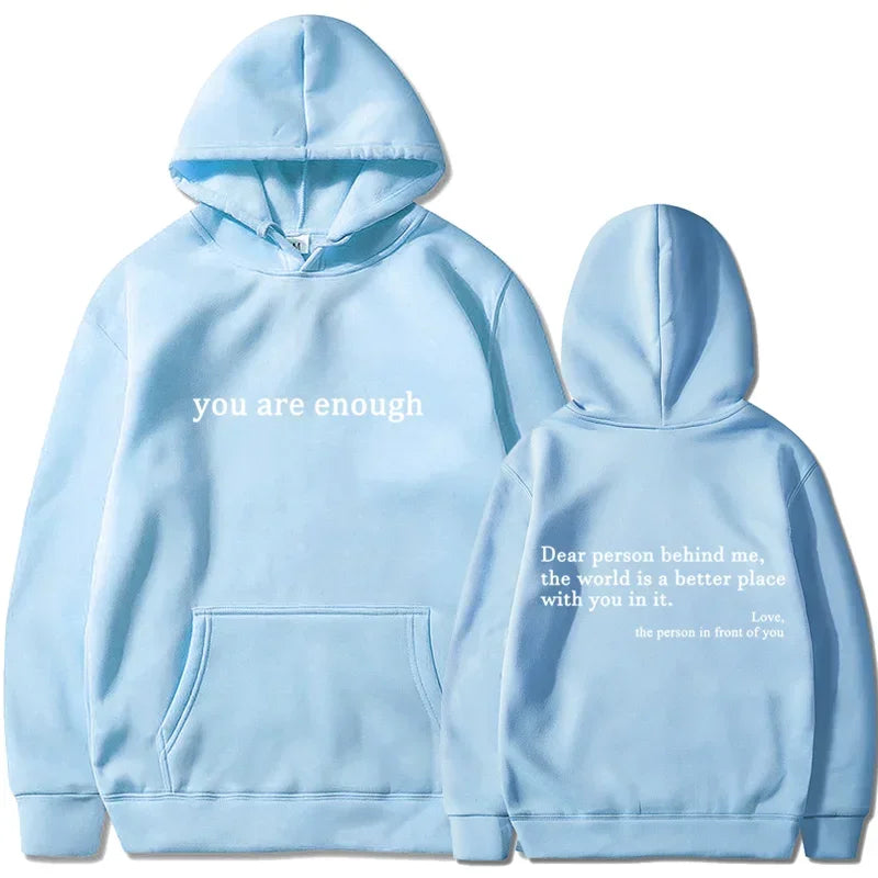 Light blue pullover retro hoodie with white text and kangaroo pocket for hip hop unisex streetwear style