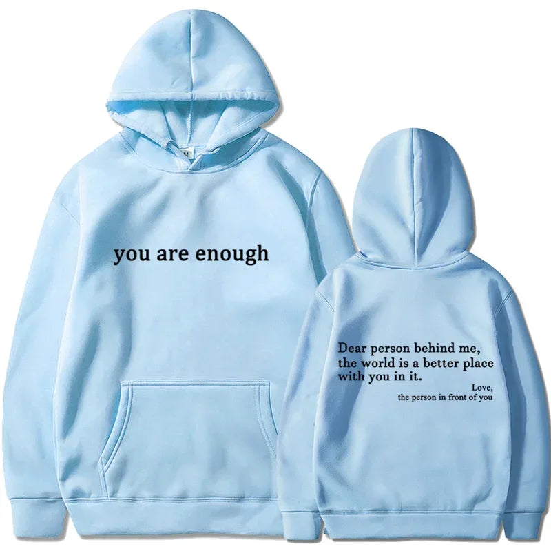 Light blue hooded pullover retro hoodie with black text on front and back for hip hop unisex street style