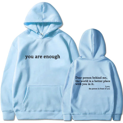 Light blue hooded pullover retro hoodie with black text on front and back for hip hop unisex street style