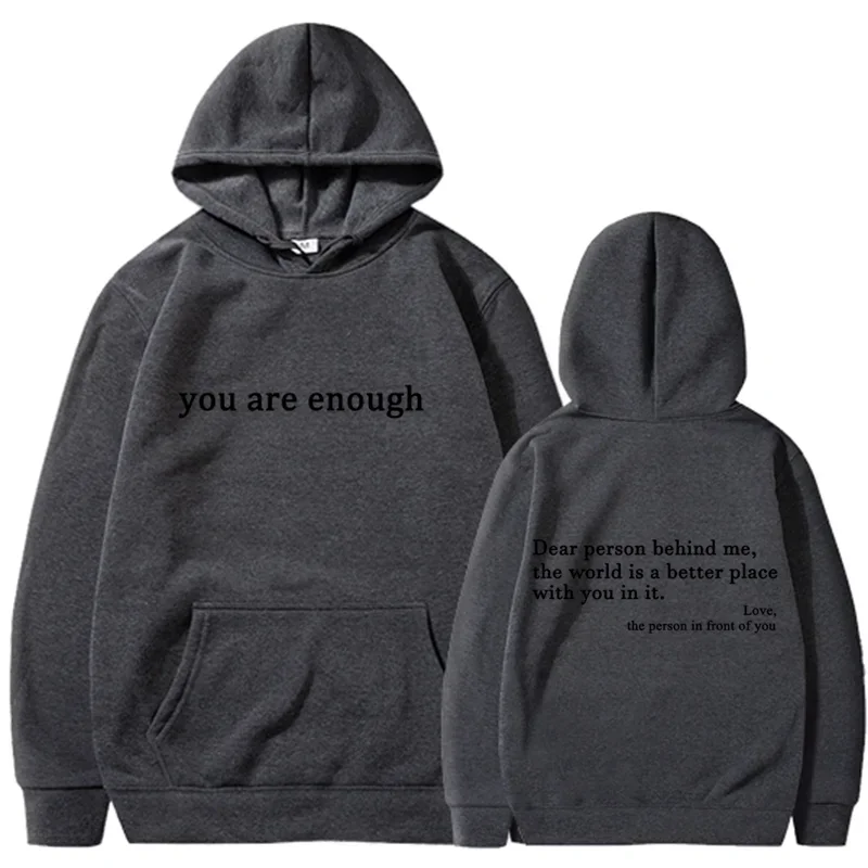 Dark gray pullover retro hoodie with black text on front and back hip hop unisex street style sweatshirt