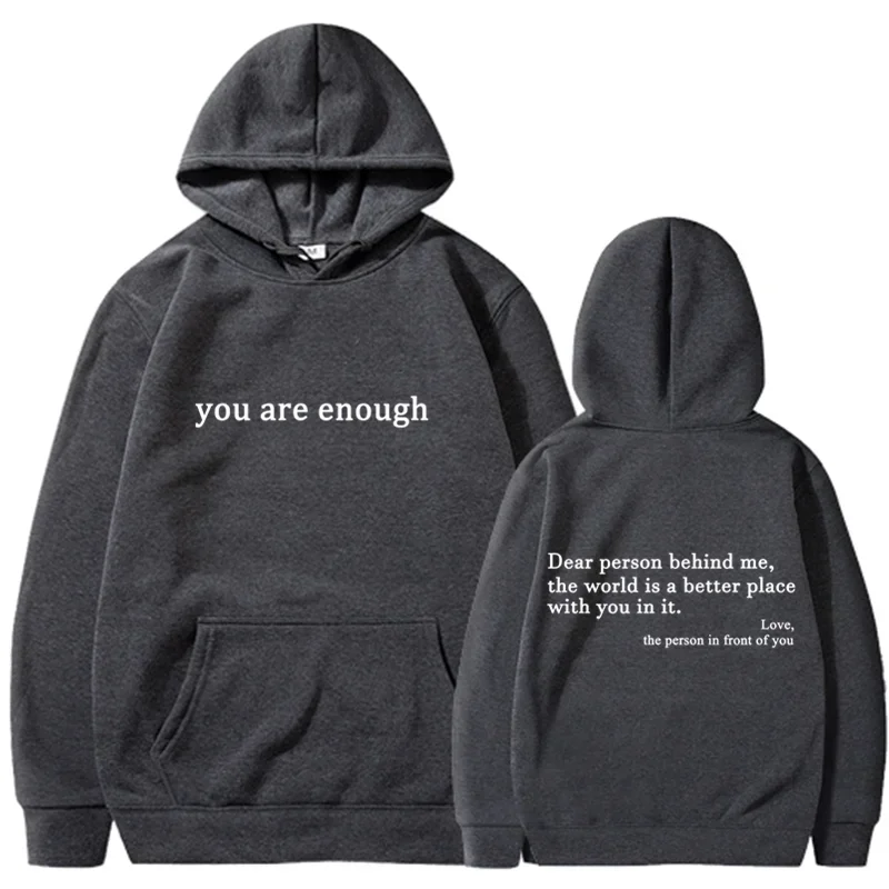Dark gray pullover retro hoodie with white text on front and back designed as a hip hop unisex street style top
