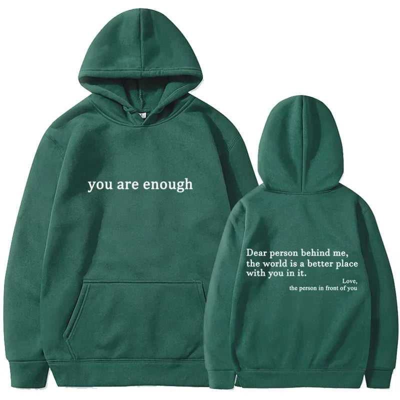 Dark green hooded pullover retro hoodie with white text and kangaroo pocket for hip hop unisex street style