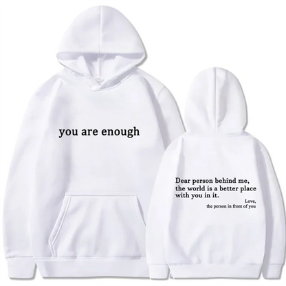 White hoodie with black text front and back featuring cozy hood and kangaroo pocket pullover retro hoodie street hip hop unisex