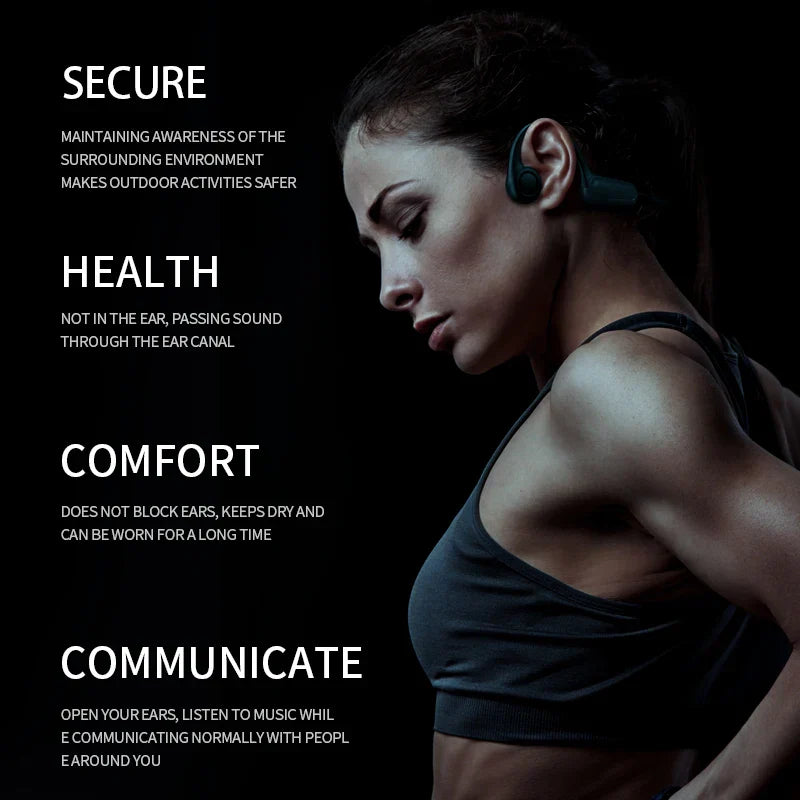 Black 2025 true bone conduction sports wireless headphones with ergonomic headphones ear hook worn by model