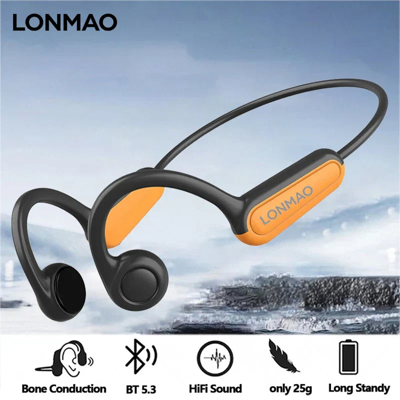 Black and orange 2025 true bone conduction sports wireless headphones with headphones ear hook and hook waterproof headset design