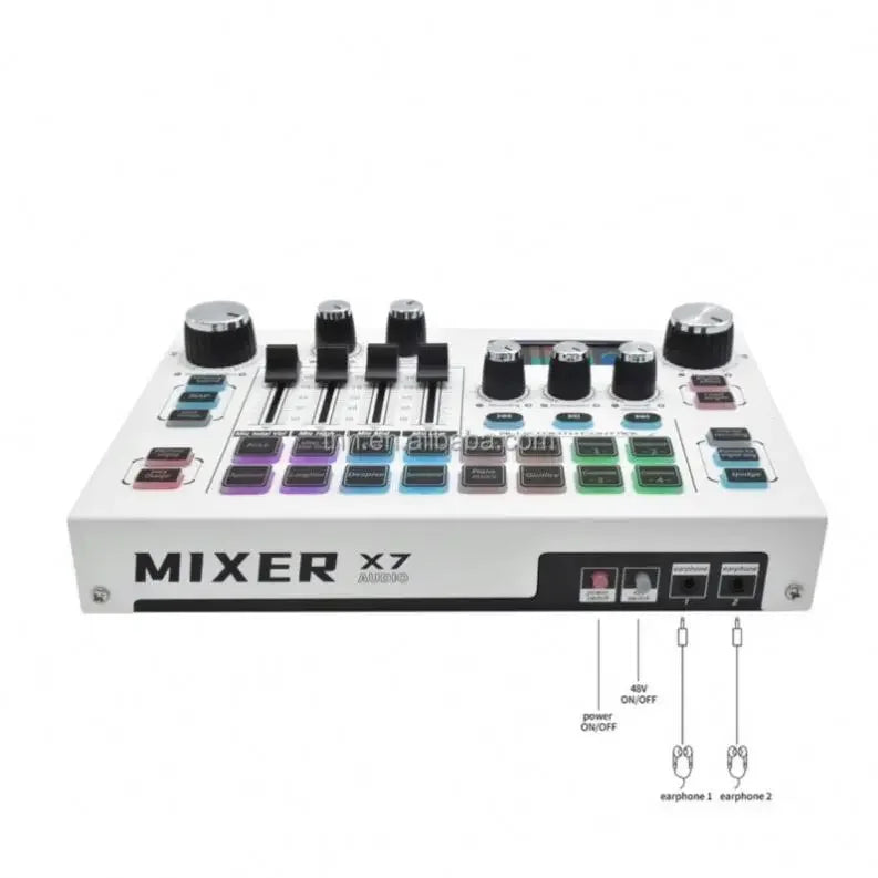 White x7 professional podcast equipment with black knobs colorful illuminated buttons and digital display for studio music production