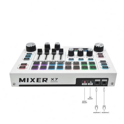 White x7 professional podcast equipment with black knobs colorful illuminated buttons and digital display for studio music production