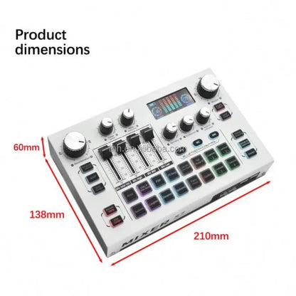 White compact professional podcast equipment with black knobs colorful backlit buttons and digital display for studio music production