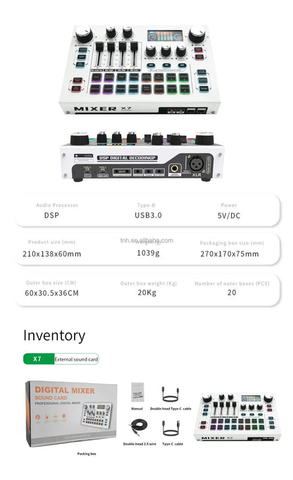 White x7 digital mixer with black knobs and colorful illuminated buttons for professional podcast equipment studio music production