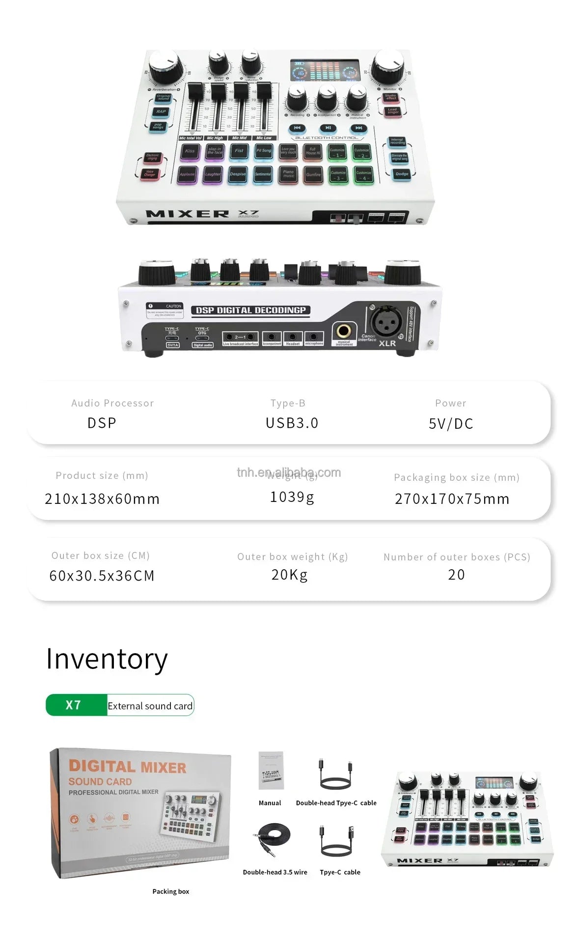 White x7 digital mixer with black knobs and colorful illuminated buttons for professional podcast equipment and studio music production