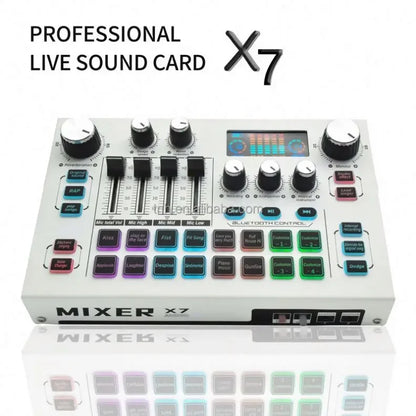 White x7 professional podcast equipment mixer with black knobs colorful buttons and digital display for studio music production