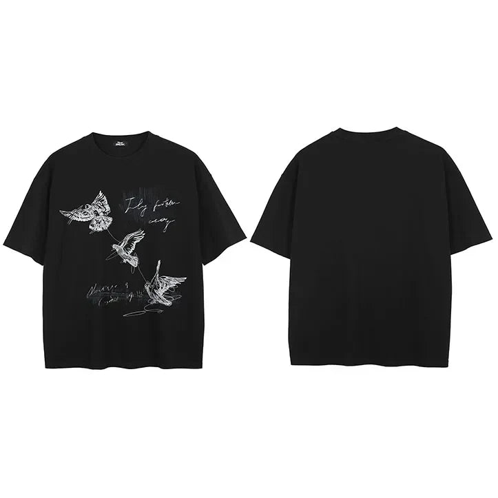 Black short-sleeved 100 cotton printed men tshirt with streetwear aesthetic graphic flying birds and fly free believe text