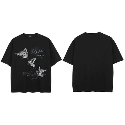 Black short-sleeved 100 cotton printed men tshirt with streetwear aesthetic graphic flying birds and fly free believe text
