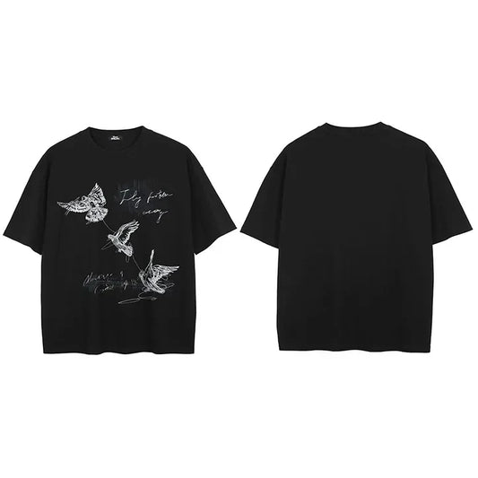 Black short-sleeved 100 cotton printed men tshirt with streetwear aesthetic graphic flying birds and fly free believe text