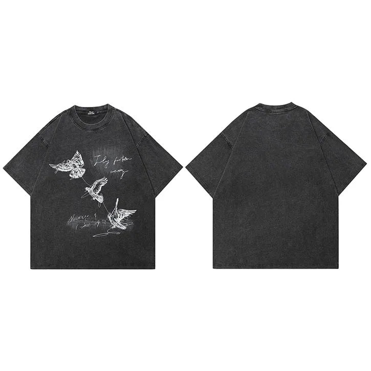 Black oversized 100 cotton printed men tshirt with streetwear aesthetic graphic of faded white flying birds and cursive text
