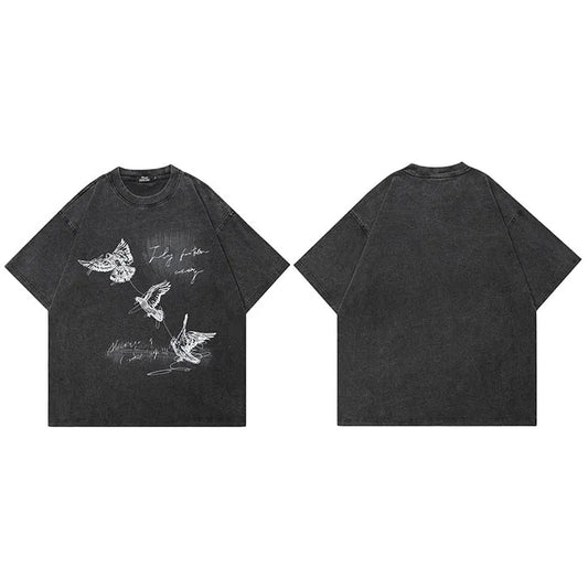 Black oversized 100 cotton printed men tshirt with streetwear aesthetic graphic of faded white flying birds and cursive text