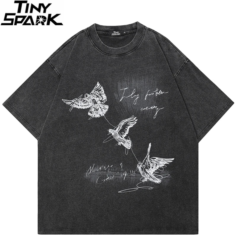 Black oversized 100 cotton printed men tshirt with streetwear aesthetic graphic of flying birds and faded distressed texture