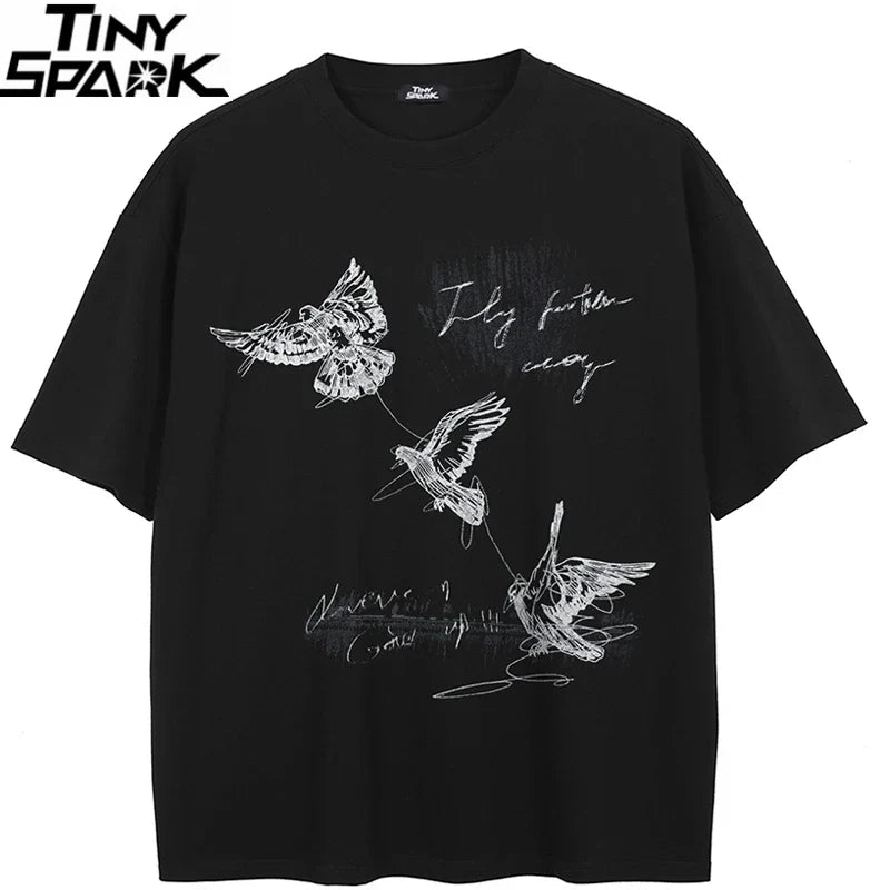 Black oversized cotton streetwear aesthetic graphic t shirt flying birds printed men tshirt by tiny spark brand