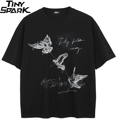 Black oversized cotton streetwear aesthetic graphic t shirt flying birds printed men tshirt by tiny spark brand