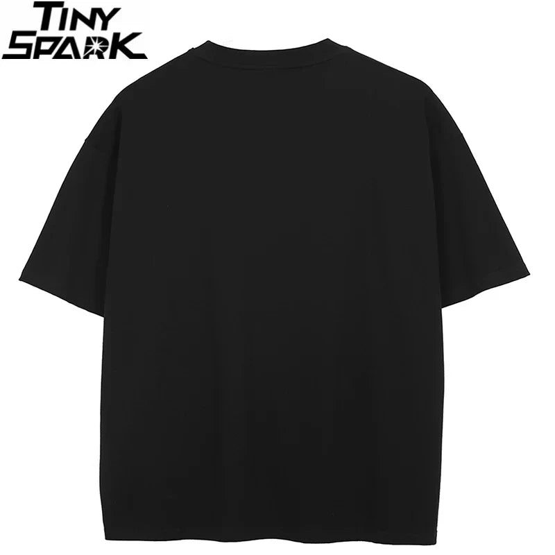Black short-sleeved 100 cotton t shirt with tiny spark logo and streetwear aesthetic graphic flying birds print for men