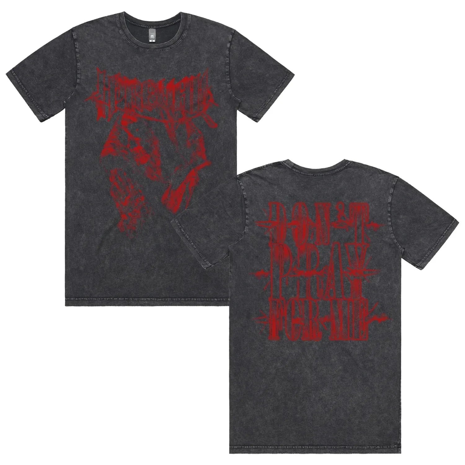 Black distressed cotton t-shirt with bold red gothic lettering on front and back prevail band graphic for casual fashion daily wear cotton