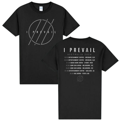 Black cotton prevail band graphic t-shirt with silver front design and detailed australia 2024 tour on back for casual fashion daily wear