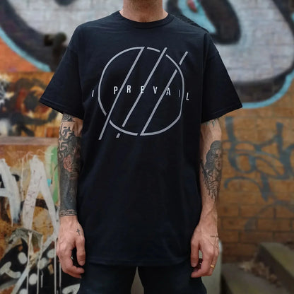 Black short-sleeved t-shirt with white prevail band graphic text made of daily wear cotton for casual fashion daily use