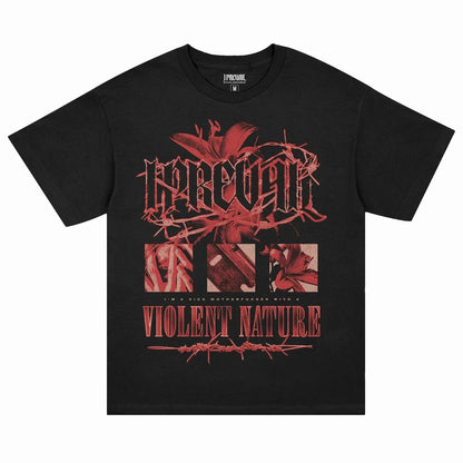Black short-sleeved t-shirt with bold red prevail band graphic and floral panels made of daily wear cotton for casual fashion
