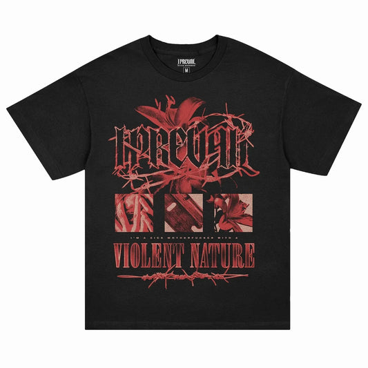 Black short-sleeved t-shirt with bold red prevail band graphic and floral panels made of daily wear cotton for casual fashion