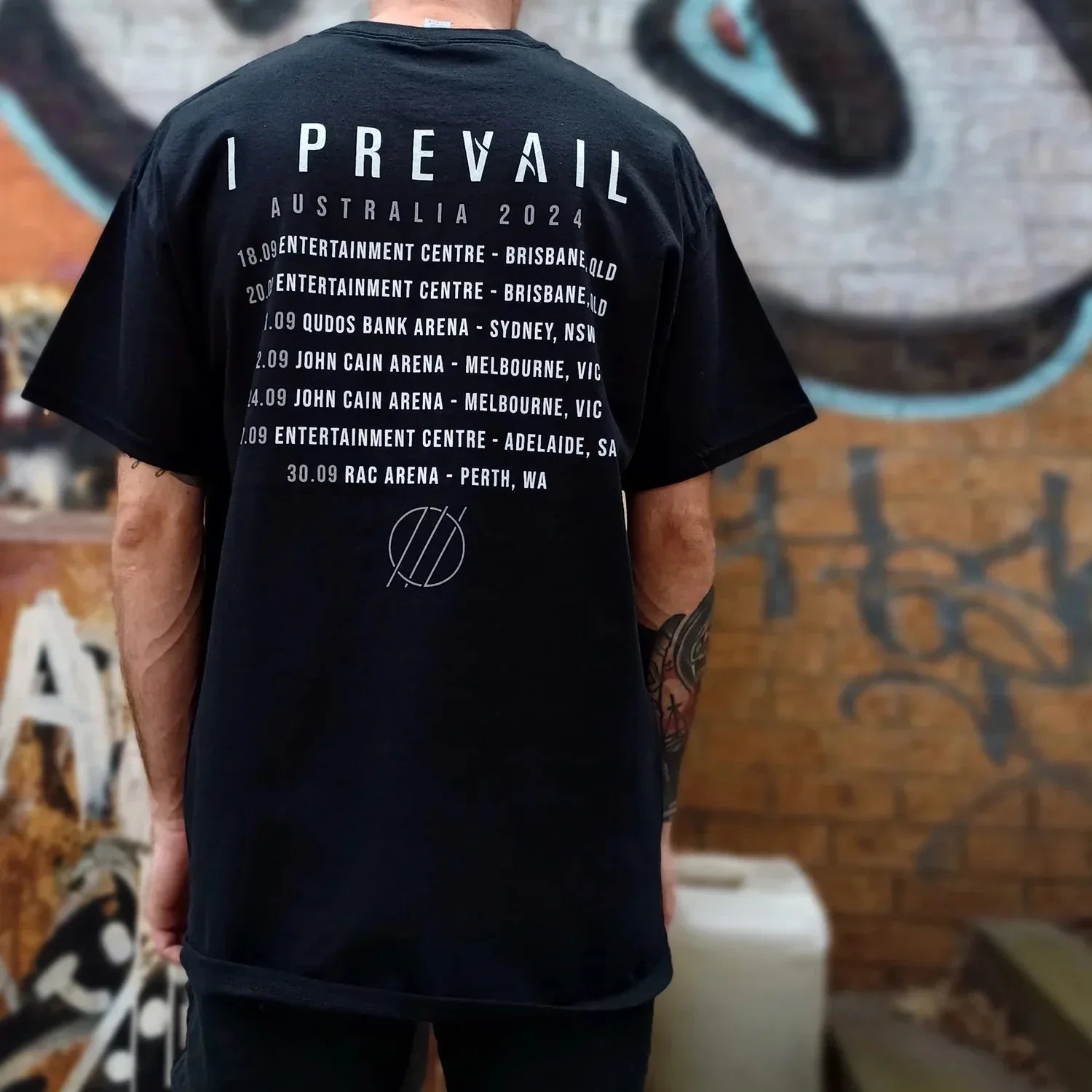 Black cotton casual fashion daily t-shirt featuring prevail band graphic and australia 2024 tour schedule text