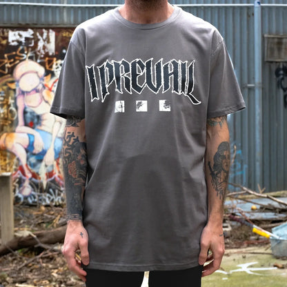 Dark gray oversized cotton t-shirt with white gothic uprevail prevail band graphic for casual fashion daily wear cotton