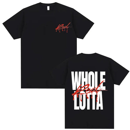 Black short-sleeved cotton t-shirt featuring red red logo on chest and white whole lottaa red text on back for men and women