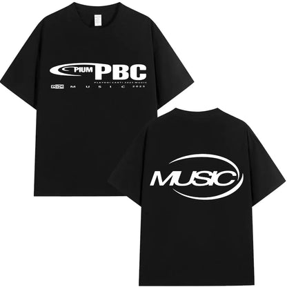 Black short-sleeved cotton t-shirt with bold white pbc and music graphic print on front and large music text on back