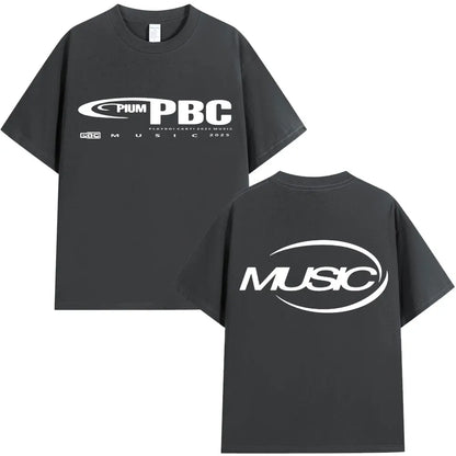 Black short-sleeved cotton t-shirt with white pbc music 2025 graphic front and music oval design on back