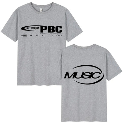 Gray heathered cotton t-shirt with bold black pbc and music logos featuring sleek curved design for men and women