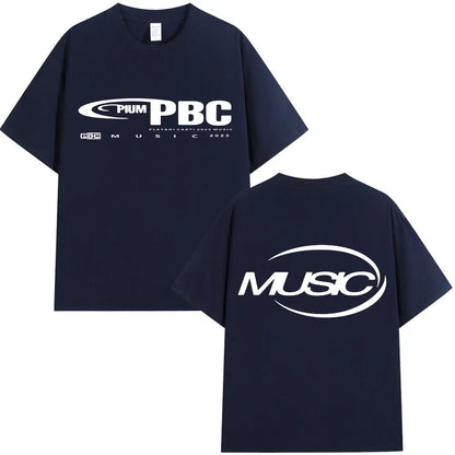 Navy blue short-sleeved cotton t-shirt with white pbc music and music graphic logos for men and women fashion