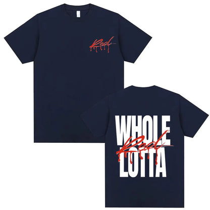 Navy blue cotton short-sleeved t-shirt with red dripping script front and whole lotta red block letters on back