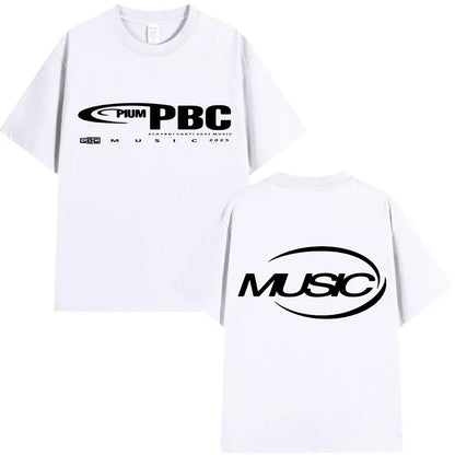 White cotton oversized t-shirt with bold black pbc and music graphic prints front and back for men and women