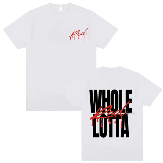 White cotton short sleeve t-shirt with red dripping red script front and bold black text with red drips on the back