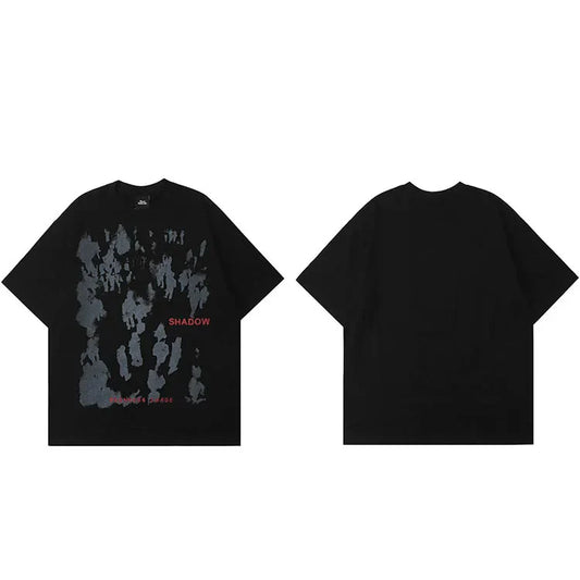 Black oversized men hip hop tshirt harajuku cotton featuring gray silhouette print and red streetwear shadow letter design