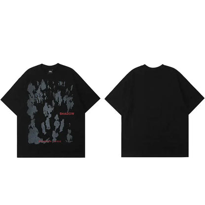 Black oversized men hip hop tshirt harajuku cotton with gray silhouette print and red streetwear shadow letter text