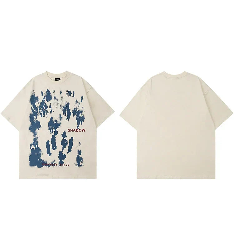 Cream-colored men hip hop tshirt harajuku cotton with bold blue abstract crowd and red streetwear shadow letter print
