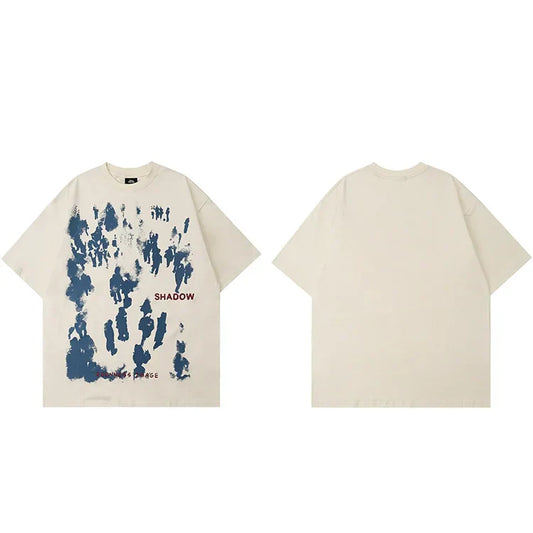 Cream-colored men hip hop tshirt harajuku cotton with bold blue abstract crowd and red streetwear shadow letter print