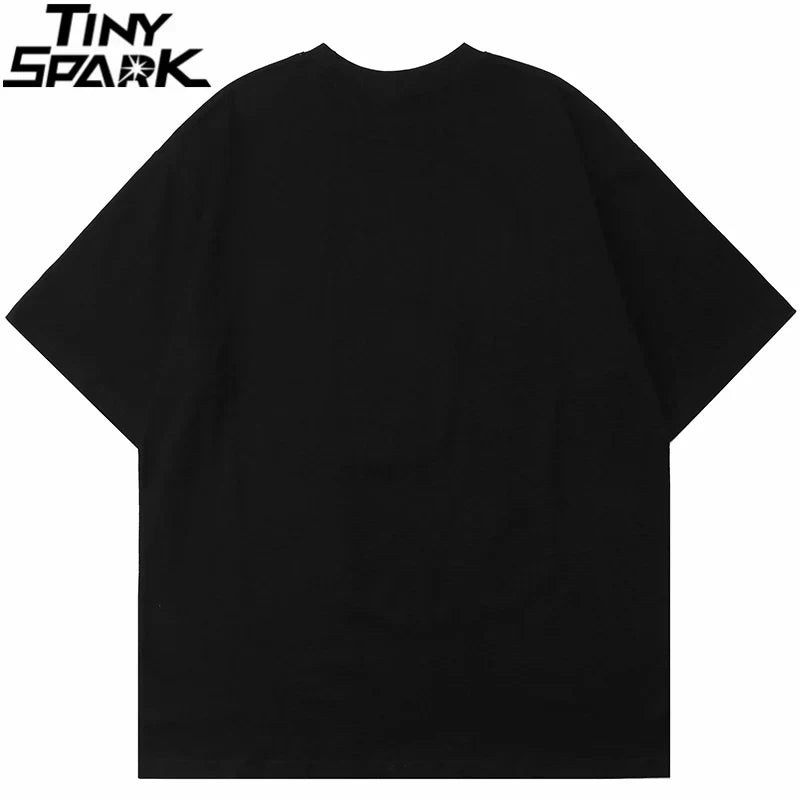 Black oversized men hip hop tshirt harajuku cotton with streetwear shadow letter and tiny spark logo on short sleeves
