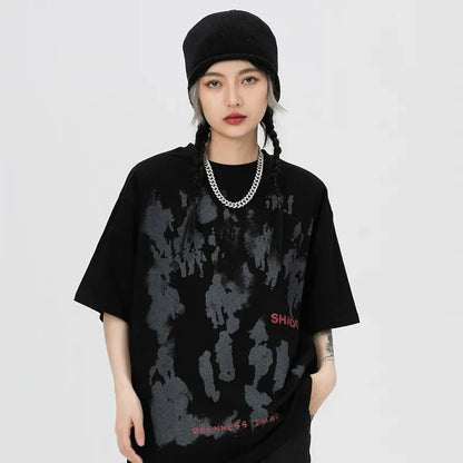 Black oversized men hip hop tshirt harajuku cotton with gray abstract silhouette and red streetwear shadow letter print