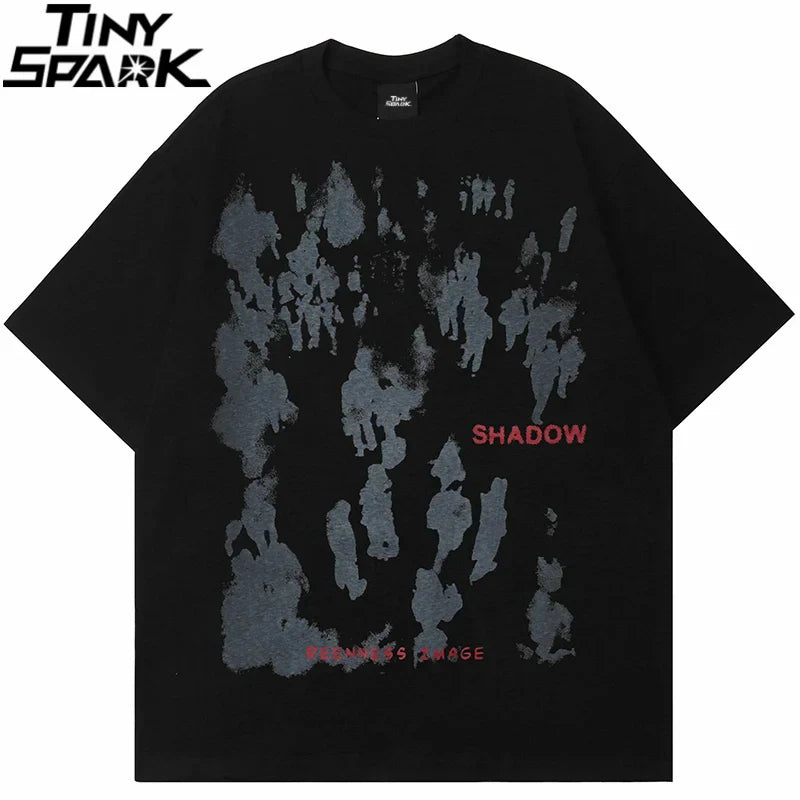 Black oversized men hip hop tshirt harajuku cotton with gray abstract silhouette print and red streetwear shadow letter text