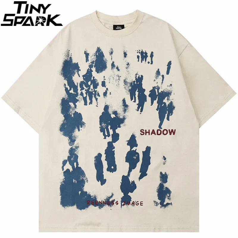 Cream-colored oversized men hip hop tshirt harajuku cotton with blue spray paint silhouette and red streetwear shadow letter print